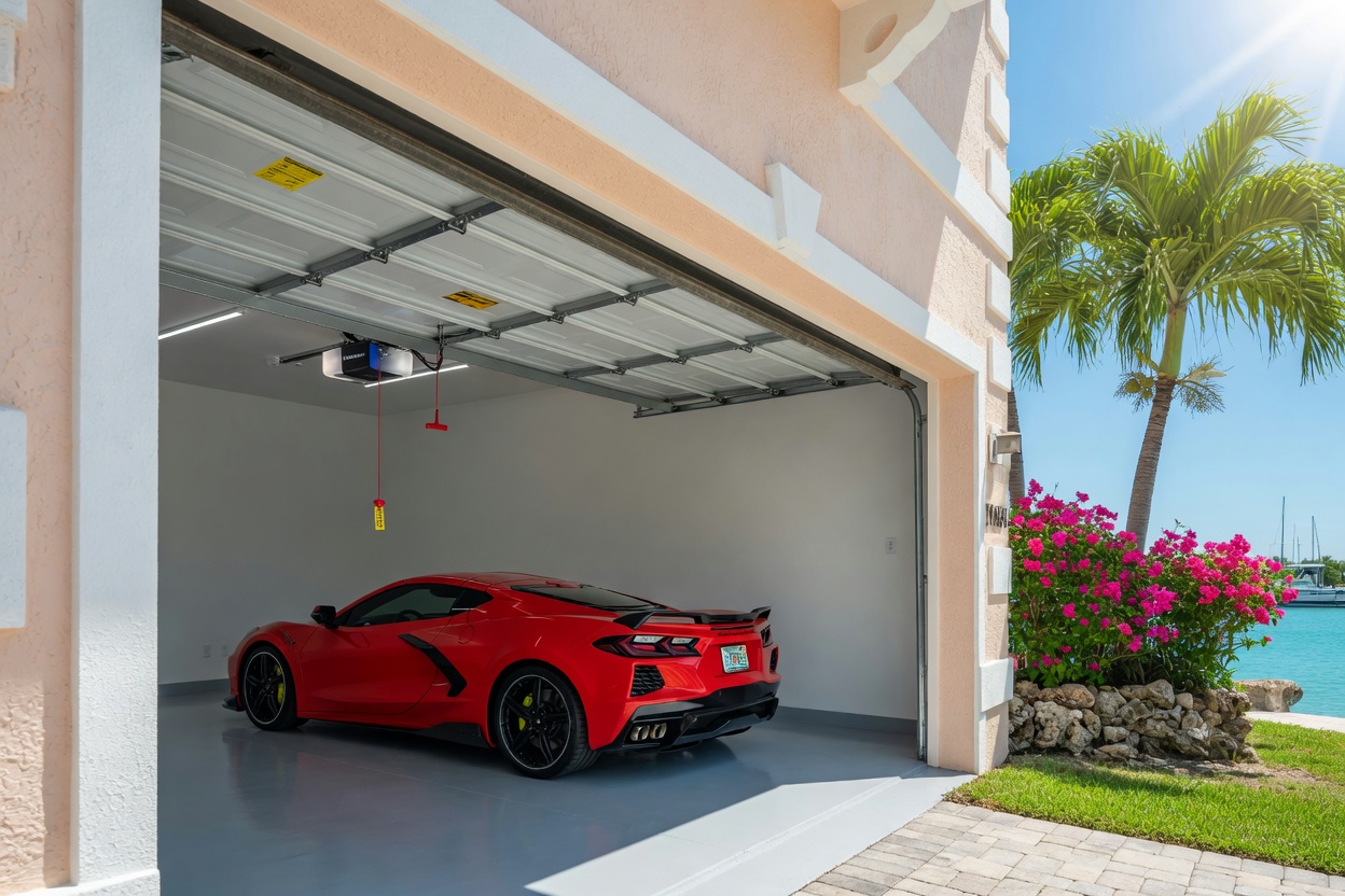 Ultra-detailed 8K photograph showing a Fort Myers waterfront luxury home garage interior from outside, sectional door fully open with all panels stacked overhead on tracks, modern garage door opener hanging from ceiling with prominent red release cord, immaculate stucco door frame, 2025 Corvette C8 parked inside, bright sunny day with royal palm trees and flowering hibiscus visible, perfect perspective and lighting