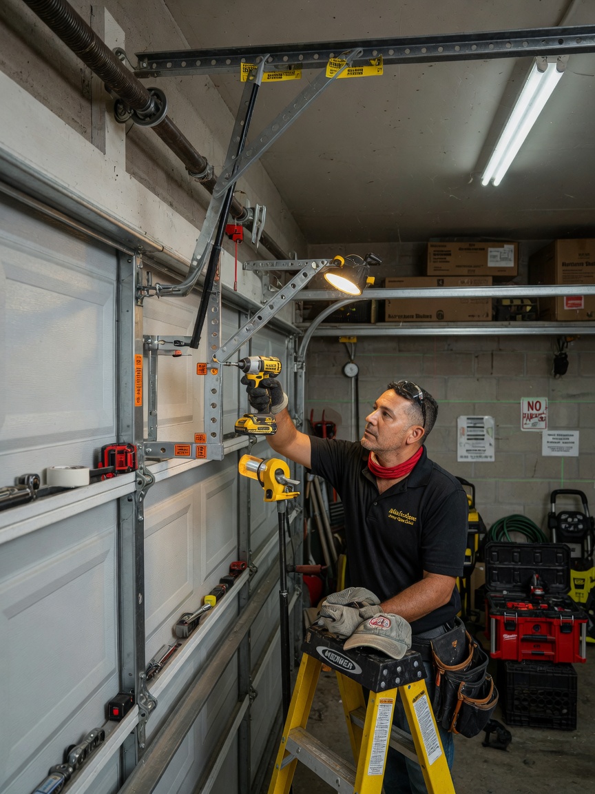 Professional installer in Cape Coral applying high-wind reinforcement brackets to overhead garage door track system inside a garage, tools visible, realistic workshop lighting, ultra-detailed