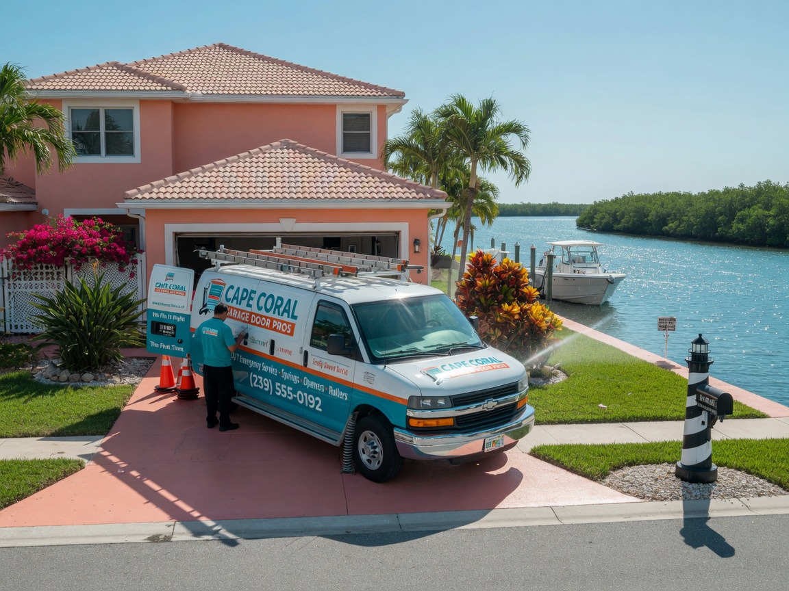 Ultra-realistic 8K image of garage door repair van parked in front of a waterfront Cape Coral home with canal view, bright Florida sunshine, detailed vehicle branding, tropical landscaping