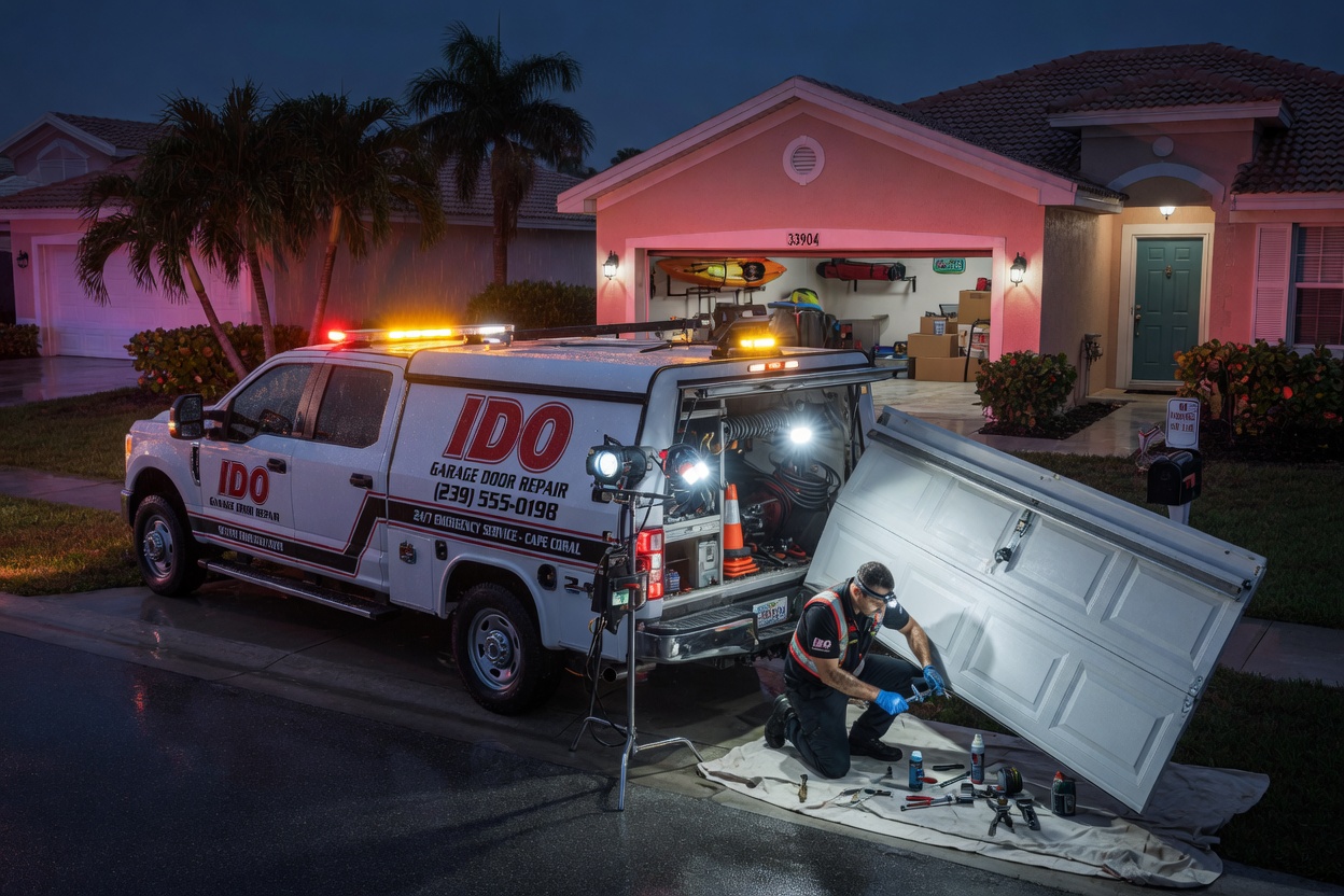 Nighttime emergency service scene with Ido Garage Door Repair truck parked outside a Cape Coral home at 33904, technician working under bright work lights on garage door, ultra-realistic 8K