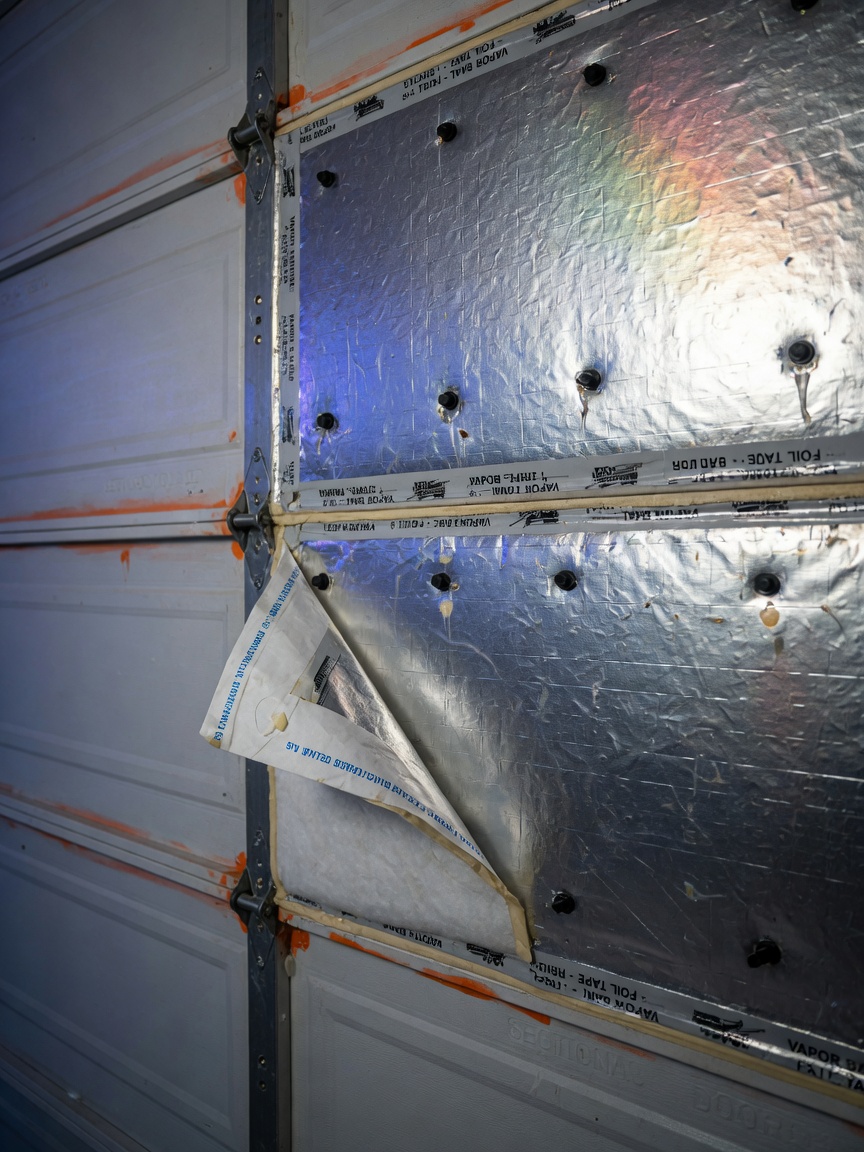Ultra-realistic 8K close-up of reflective foil faced garage door insulation material installed on sectional door panels, showing vapor barrier and adhesive details, clean professional installation