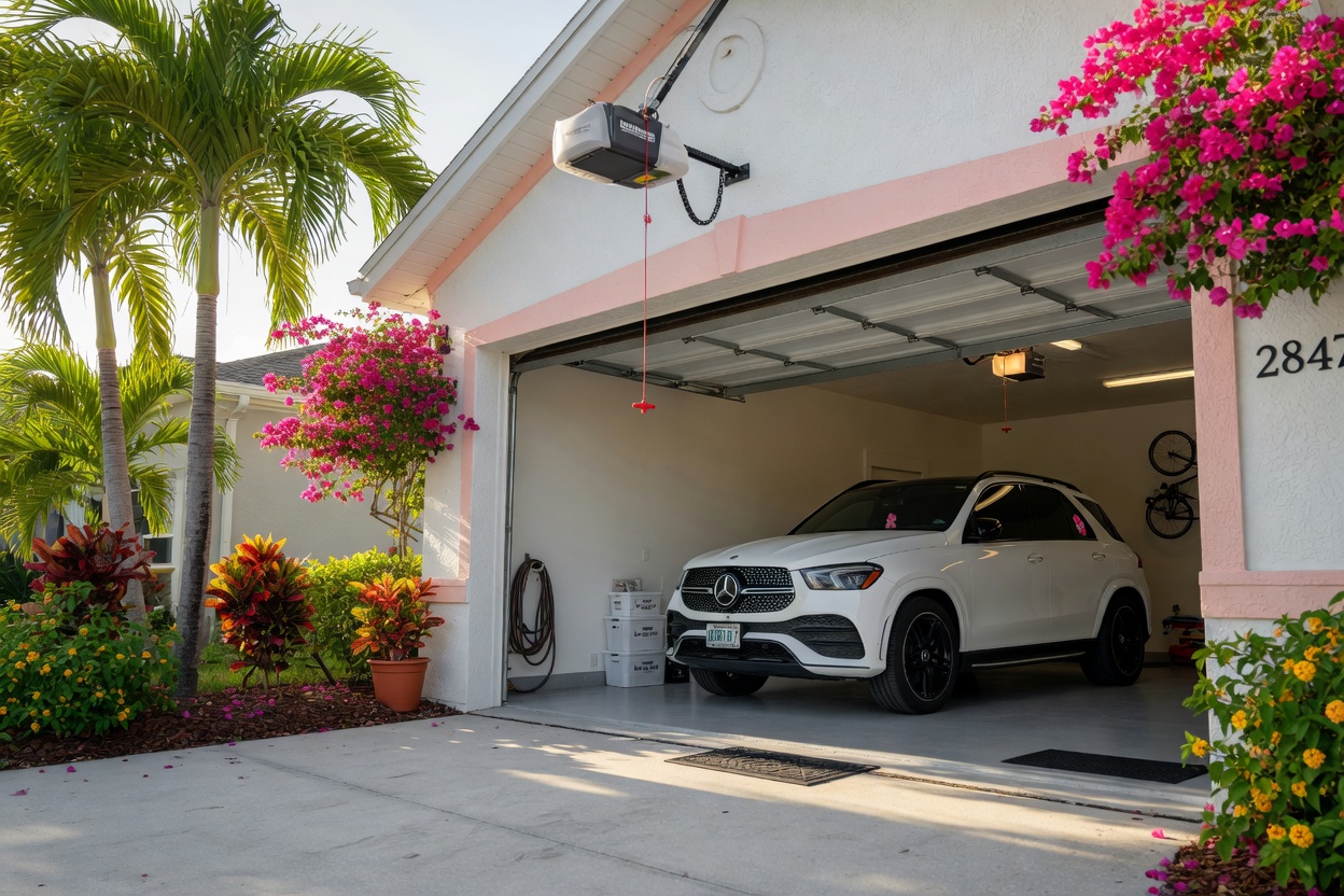 Realistic 8K image of a Bonita Springs Florida residential garage viewed from driveway, sectional garage door completely open and stored on ceiling tracks, small garage door opener motor visible in center of ceiling with red emergency cord, clean stucco construction, 2025 Mercedes GLE SUV inside the garage, vibrant Florida landscaping with palm trees and bougainvillea, bright natural sunlight