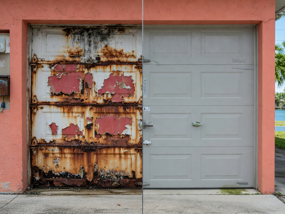 Side-by-side comparison of corroded steel garage door versus pristine fiberglass composite door after 8 years in coastal Florida environment, realistic weathering details, 8K resolution