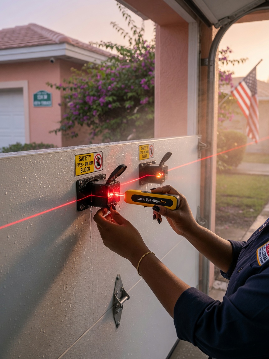 Ultra-realistic 8K close-up of technician testing garage door safety sensors with laser alignment tool, humid morning light, condensation on door surface, Cape Coral residential setting