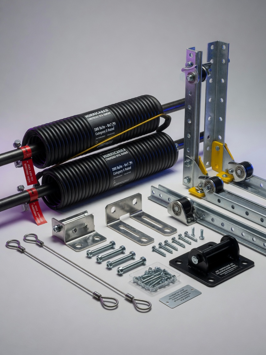 Detailed 8K product shot of hurricane-rated 8x7 garage door hardware including heavy duty springs, reinforced tracks, and stainless steel components, studio lighting with clean background