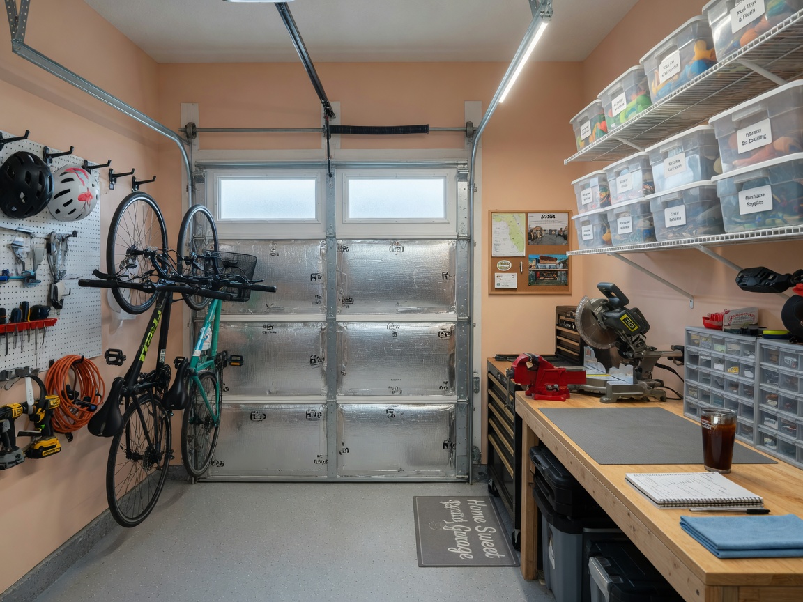 Wide ultra-realistic 8K shot of a comfortable organized Cape Coral garage after Garage Door Insulation installation with bicycles, workbench and storage, soft even lighting, 33904 neighborhood