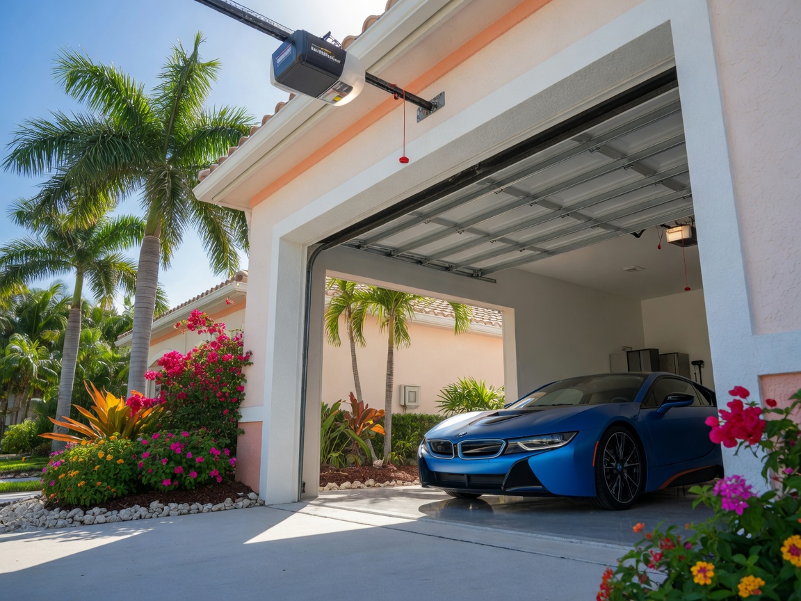 8K photorealistic photograph of a Southwest Florida luxury home with fully open garage door, camera outside looking in, sectional panels neatly stacked on horizontal ceiling tracks, compact LiftMaster-style opener hanging from ceiling with red pull cord, pristine white stucco jambs, 2025 BMW i8 inside, royal palms and colorful tropical flowers in yard, intense Florida sunshine