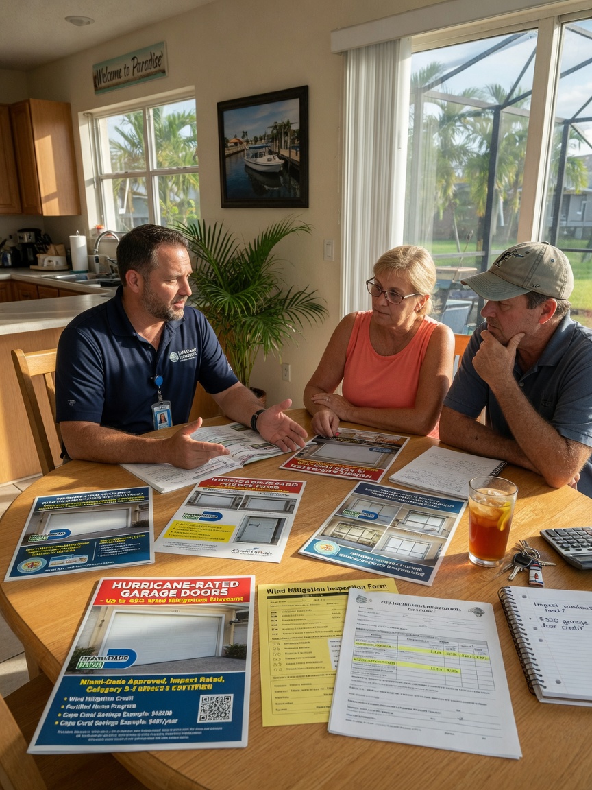 Insurance agent discussing wind mitigation discounts with Cape Coral homeowners at kitchen table with hurricane rated garage door brochures, natural window light, photorealistic scene