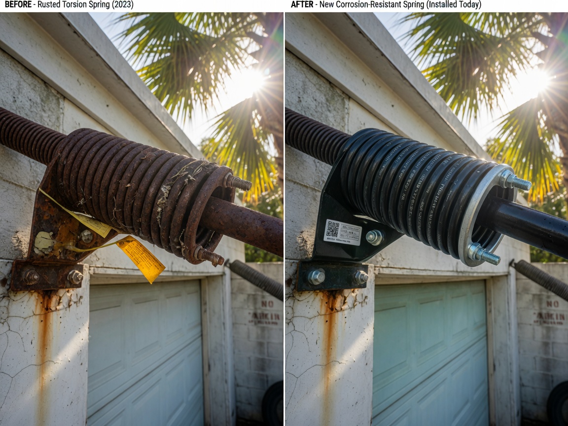 Ultra-realistic 8K photo showing before and after comparison of a rusty garage door spring replaced with new corrosion-resistant part, split screen, detailed metal textures, Florida sunlight