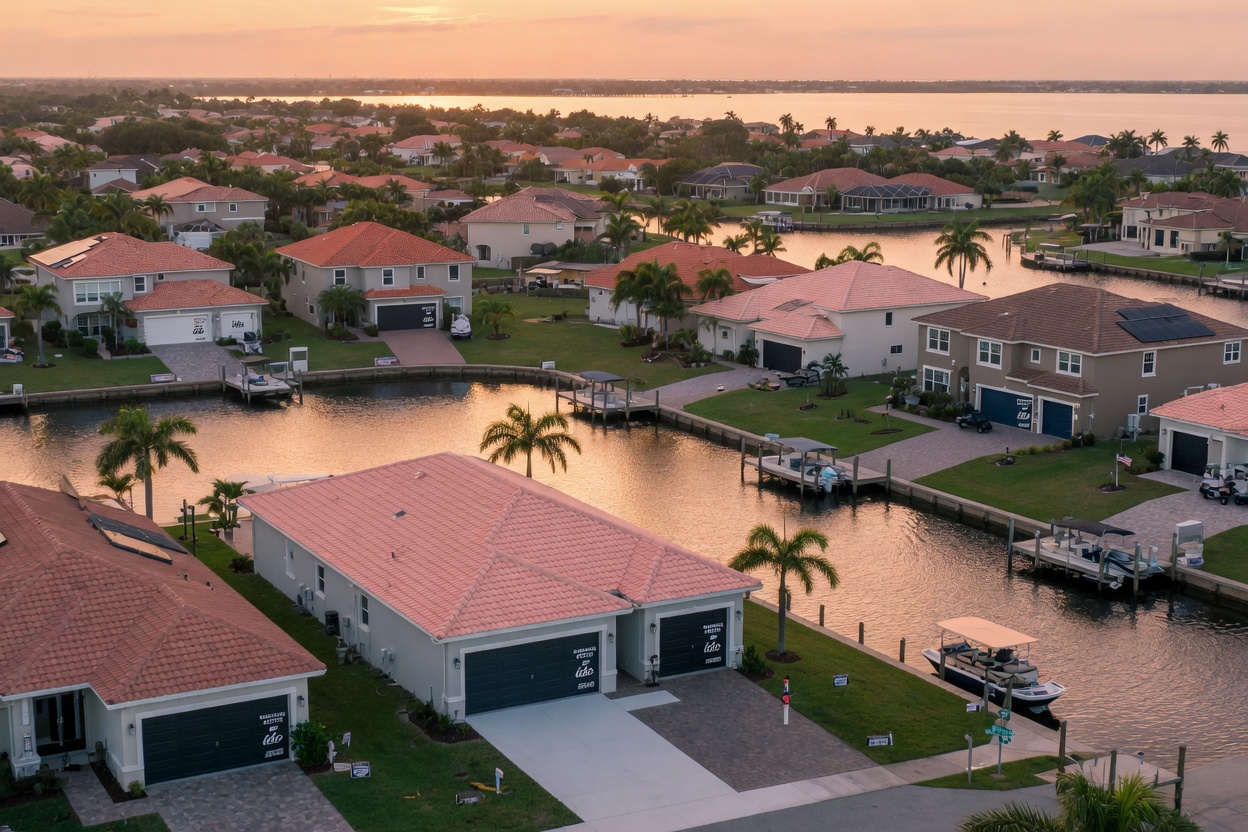 Aerial view of Cape Coral Florida waterfront neighborhood with multiple homes featuring new Ido Garage Doors 8x7 hurricane rated garage doors, golden hour lighting, ultra-realistic 8K