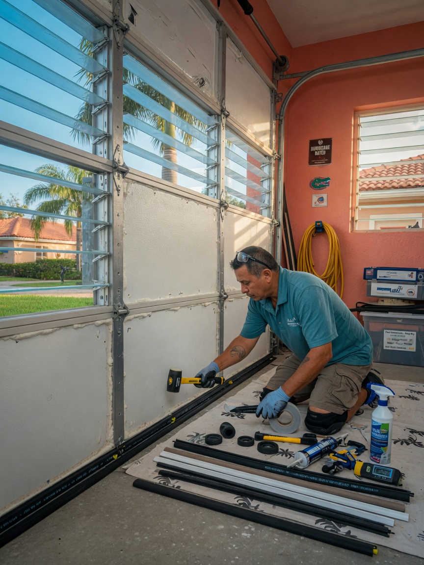 Ultra-realistic 8K image of technician using specialized tools to install weatherstripping and seals around insulated garage door in Southwest Florida home, attention to detail visible
