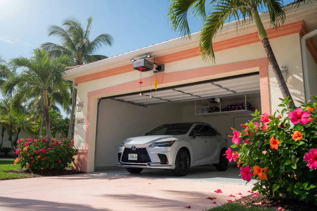 Ultra-realistic 8K exterior photo of a Naples estate garage with the overhead door fully retracted, zero door panels visible in opening, door stored perfectly on ceiling tracks, garage door motor centered on ceiling with visible red emergency release, clean architectural stucco, 2025 Lexus RX parked inside, bright sunny day with palm trees and hibiscus, high resolution detail