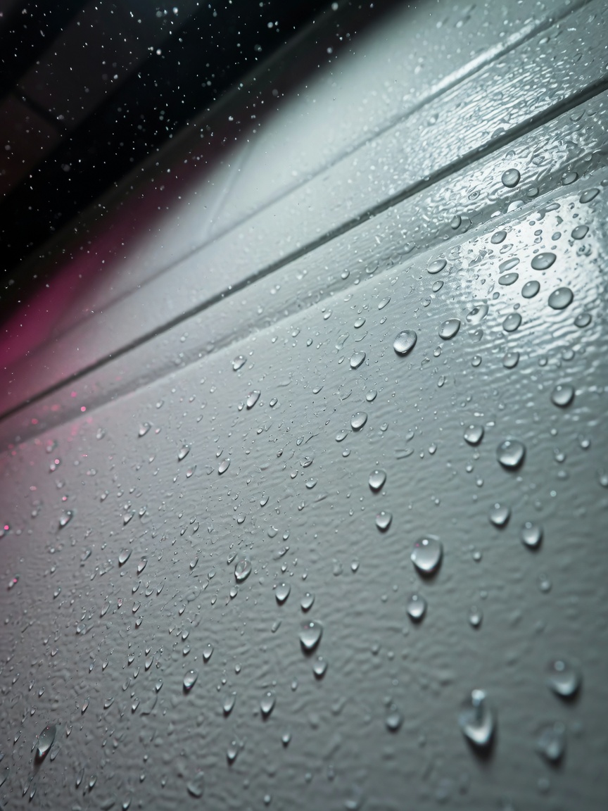 Detailed 8K macro photograph of fiberglass garage door gel-coat texture with water droplets showing superior water beading properties, humidity visible in air, scientific product photography style