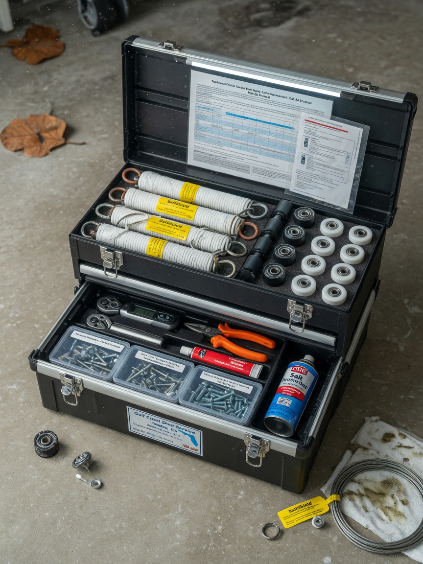 Ultra-realistic 8K image of a neatly organized garage door repair toolbox with marine-grade springs, cables, and rollers designed for salt air environments in Southwest Florida
