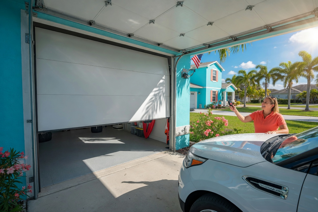 Homeowner in Cape Coral happily operating new smooth 8x7 garage door from inside their car, clean modern door fully open, bright Florida sunshine, photorealistic 8K image