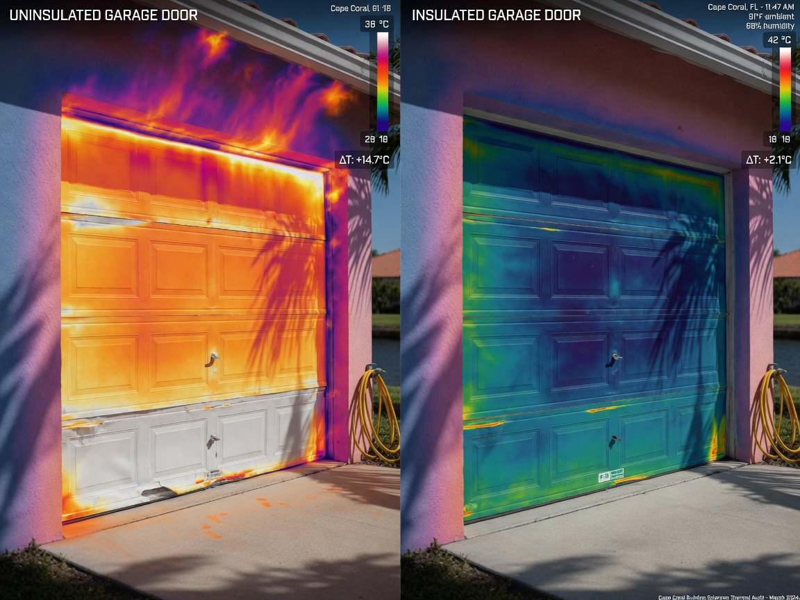 Ultra-realistic 8K photograph of digital infrared thermal imaging scan showing heat loss through uninsulated garage door versus properly insulated door in Cape Coral Florida
