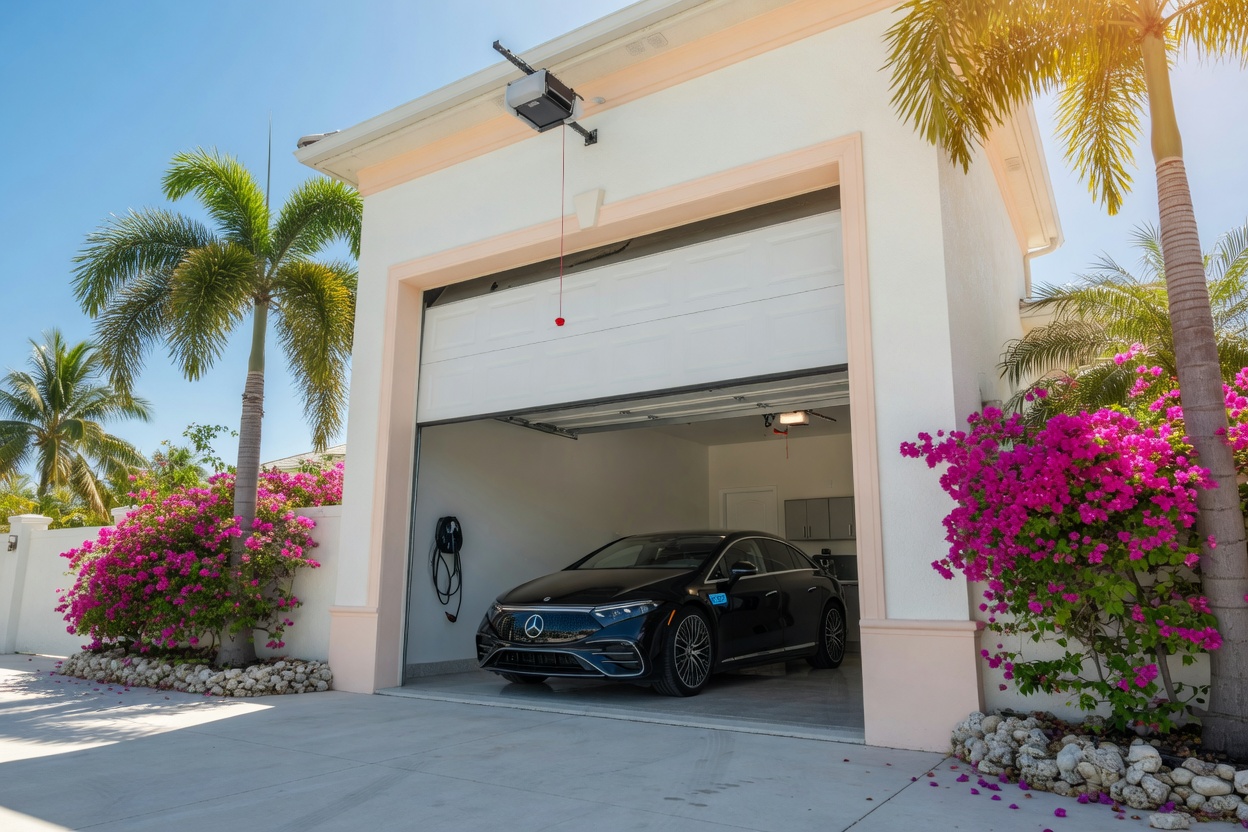 Photorealistic 8K image of a Cape Coral luxury home garage on a clear sunny day, sectional garage door completely open and stacked overhead, small modern opener motor visible with red cord, immaculate stucco door surrounds, 2025 Mercedes EQS electric sedan inside, royal palm trees and vibrant bougainvillea landscaping, sharp focus and natural colors