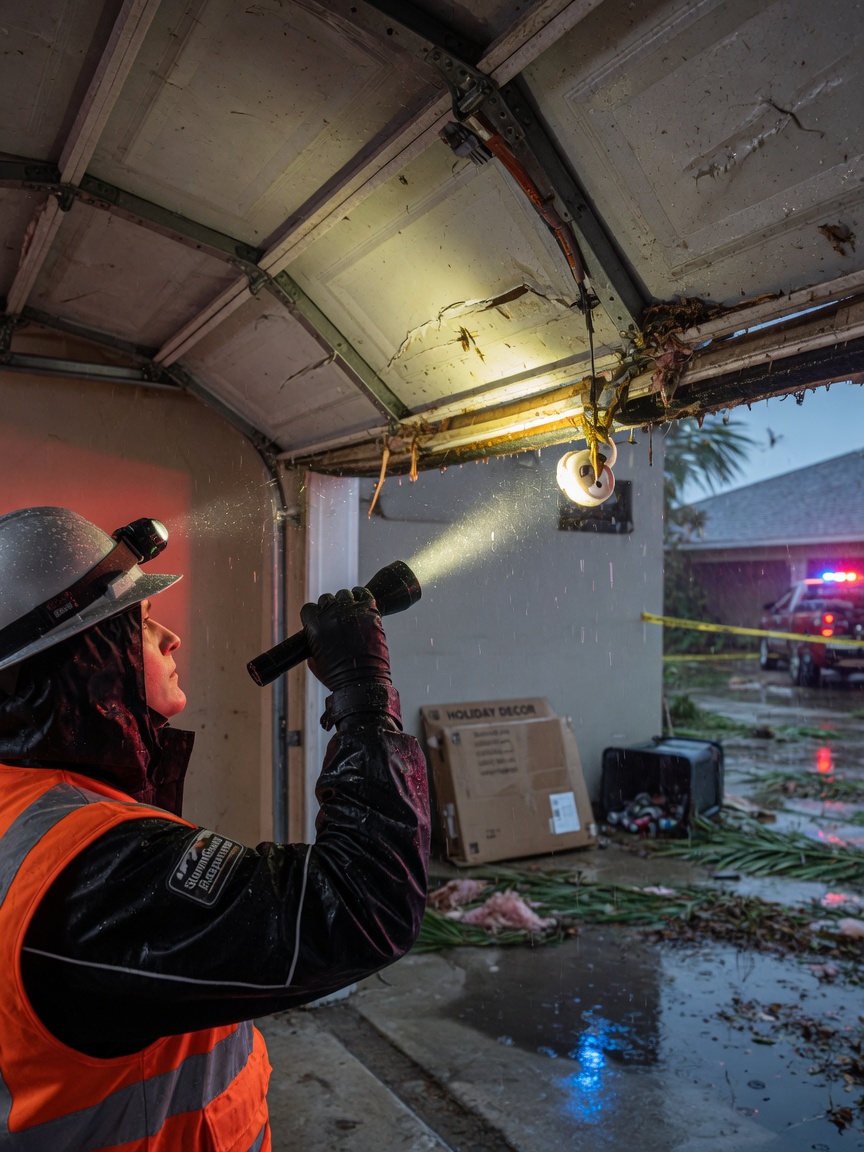 Post-hurricane inspection scene: technician using flashlight to examine garage door tracks and rollers for damage after storm, wet conditions, realistic emergency response atmosphere