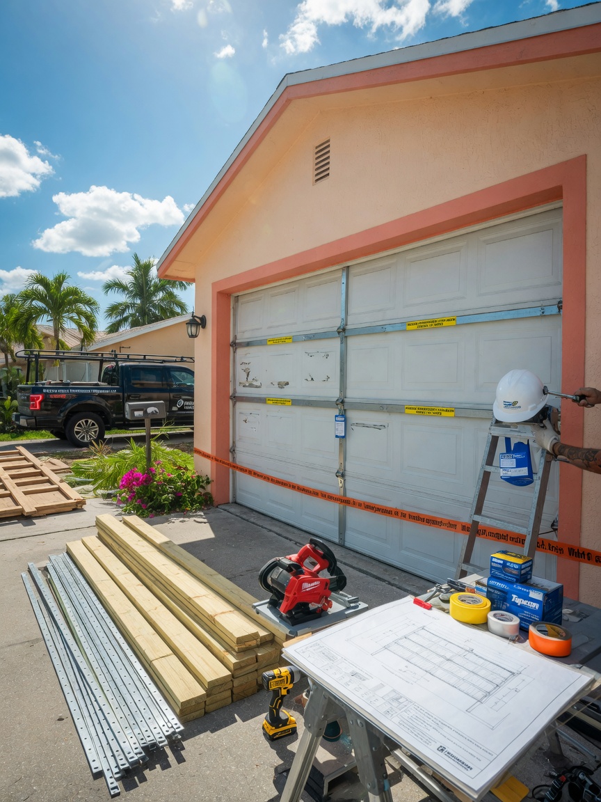 Ultra-realistic 8K photo of a Cape Coral garage door undergoing wind load reinforcement upgrade to meet Florida hurricane codes, construction materials visible, sunny day
