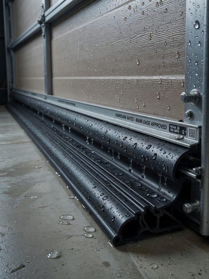 Ultra-realistic 8K close-up of weather sealing and bottom weatherstrip on new hurricane-rated garage door, water droplets showing waterproofing, high detail texture