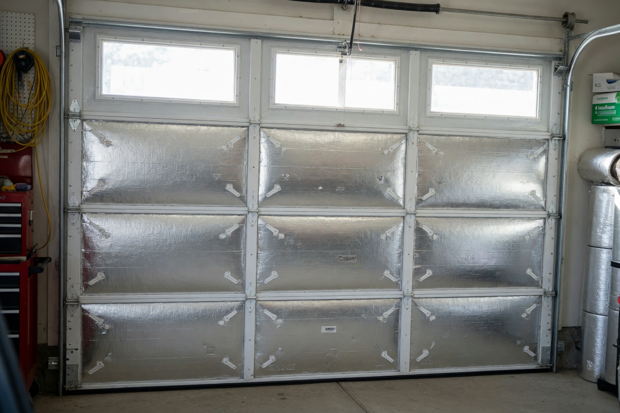 Professional ultra-realistic 8K image of completed garage door insulation project viewed from inside the garage looking toward the door with perfect panel alignment and clean edges