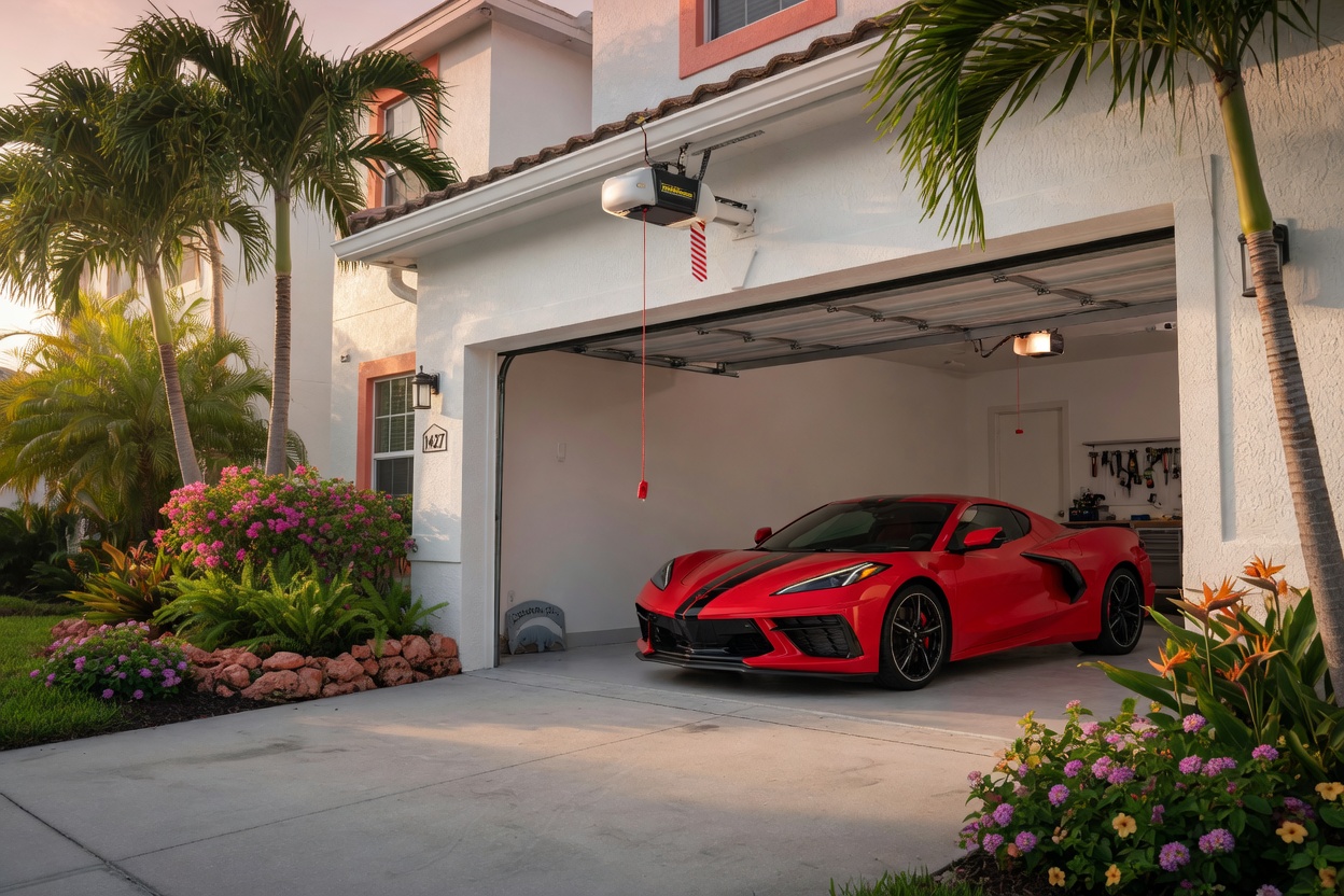 8K ultra-detailed photograph of an Estero Florida home with garage door fully open, camera positioned outside, all door sections neatly stored on ceiling tracks, garage door opener hanging centrally with red emergency cord, pristine white stucco, 2025 Corvette Stingray inside garage, lush tropical landscaping with palms and flowers, perfect Florida lighting