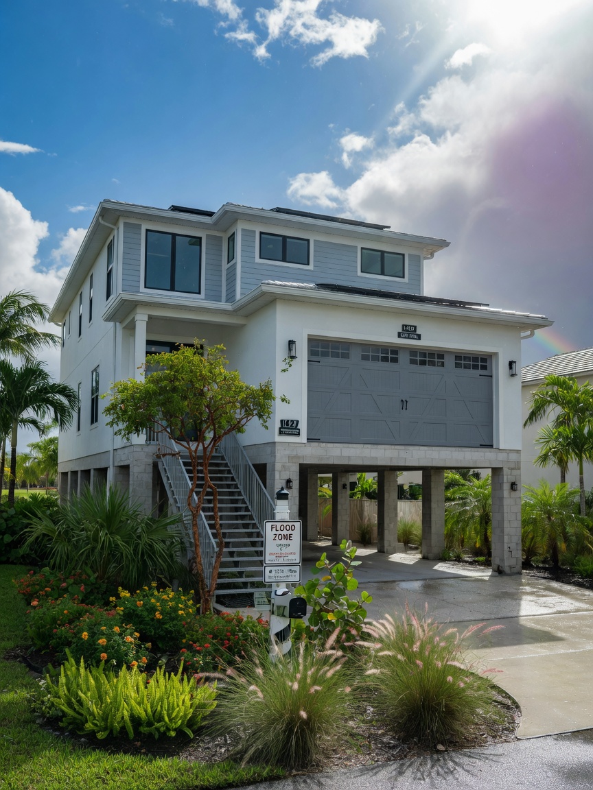 Modern Cape Coral home elevation in flood zone with lightweight composite hurricane garage doors, elevated foundation, native Florida landscaping, bright sunny day after storm, 8K